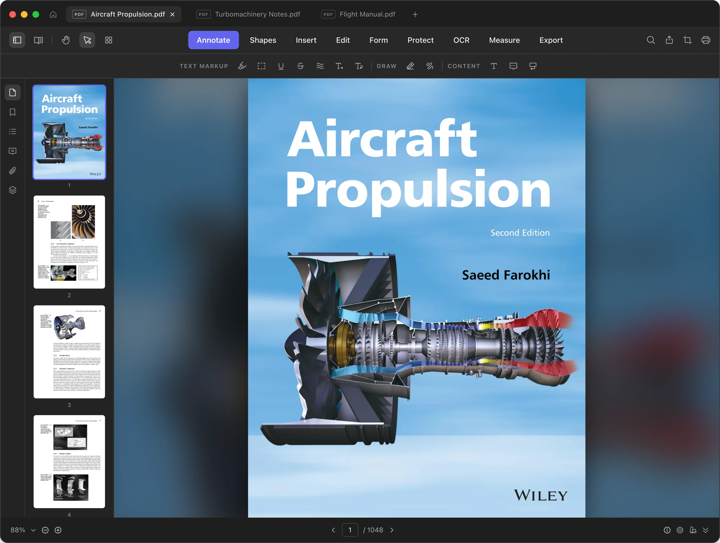 The BentoPDF viewer: three PDF tabs open, the Annotate toolbar active, a thumbnail sidebar, and page one of an aircraft propulsion textbook on the canvas